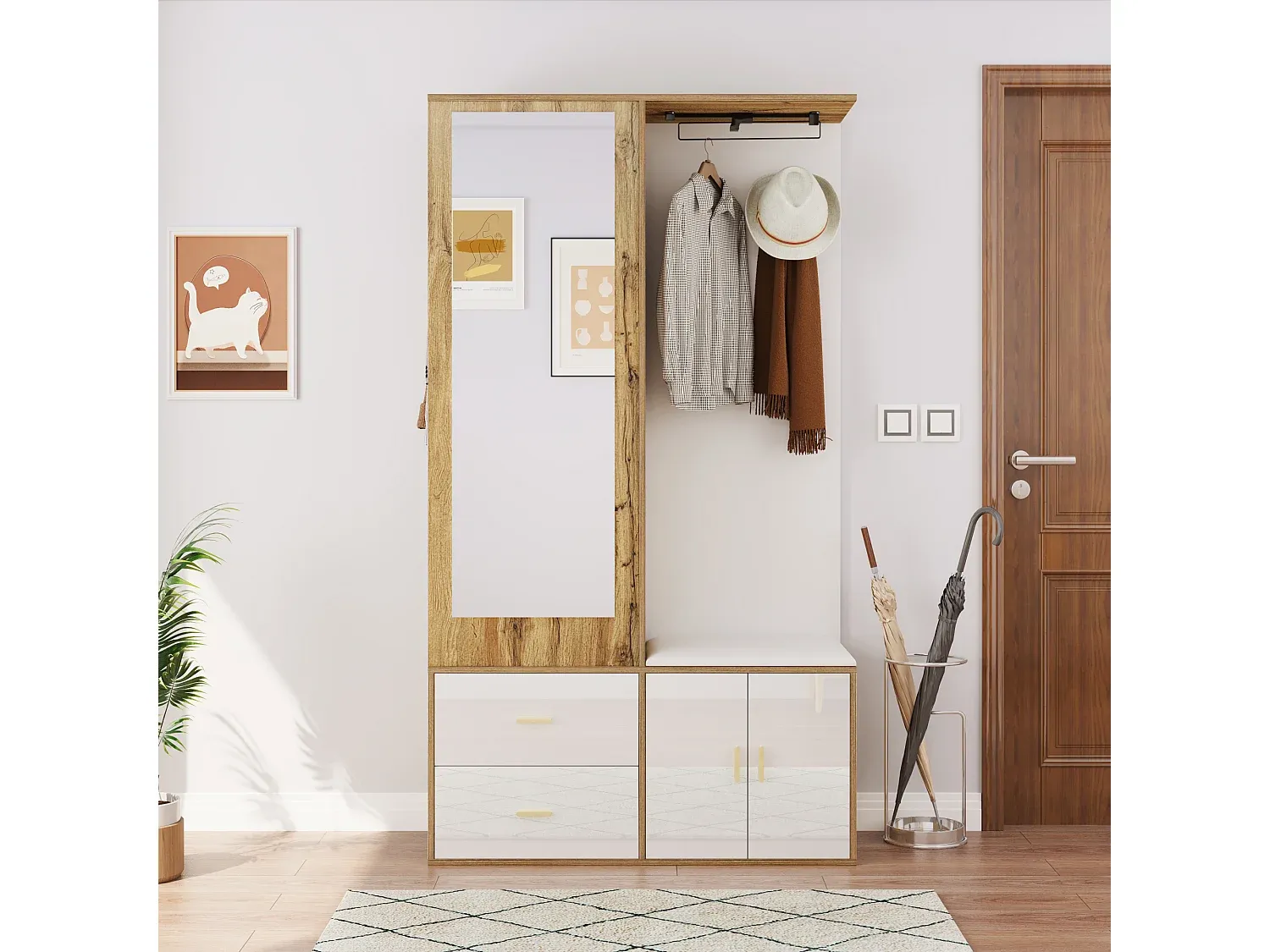 Kompakter Kleiderschrank mit Spiegel und Schuhfach, Weiß und Natur