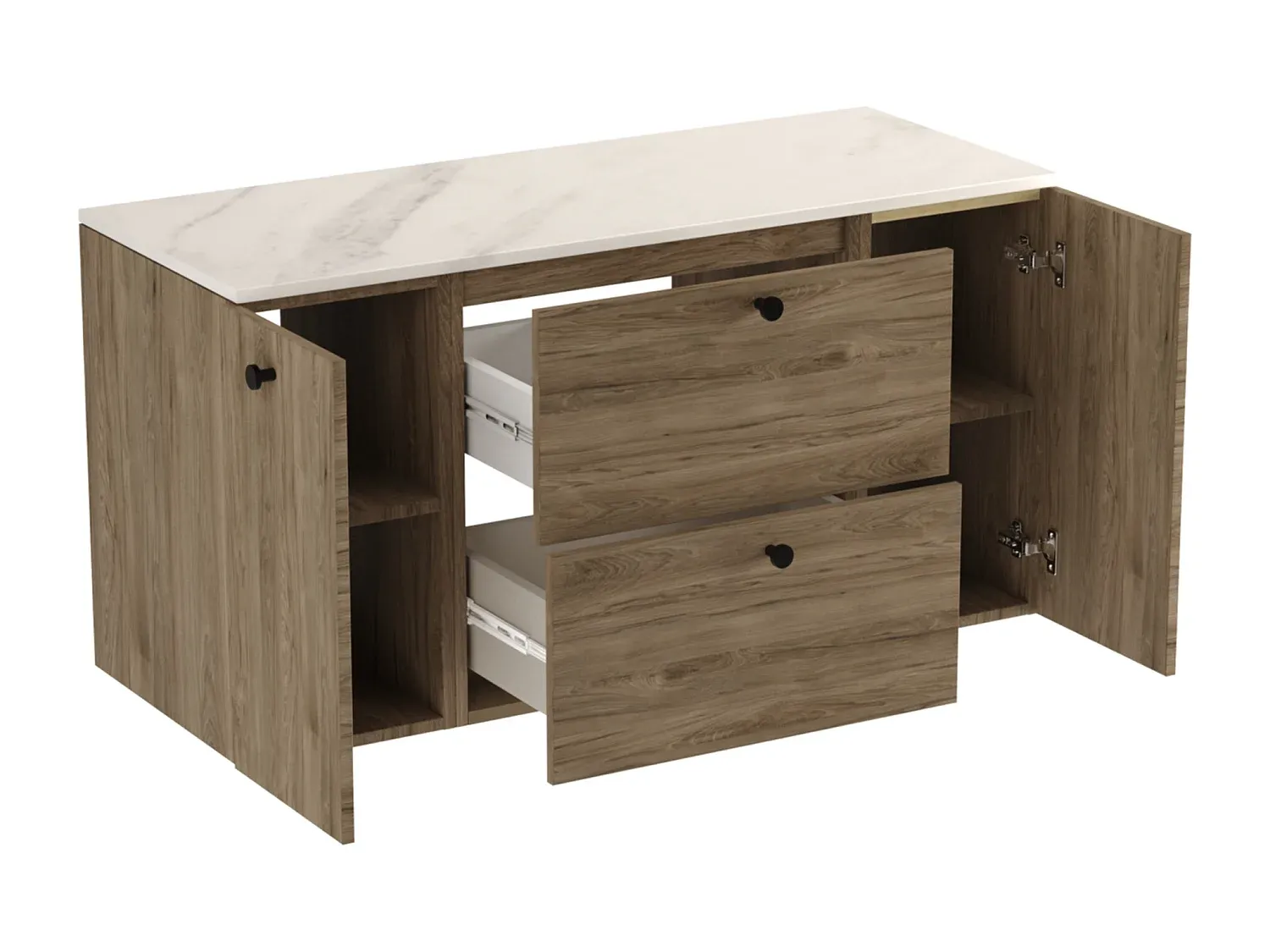 Moderner Badunterschrank mit Stauraum, Walnuss Dunkel und Marmoroptik