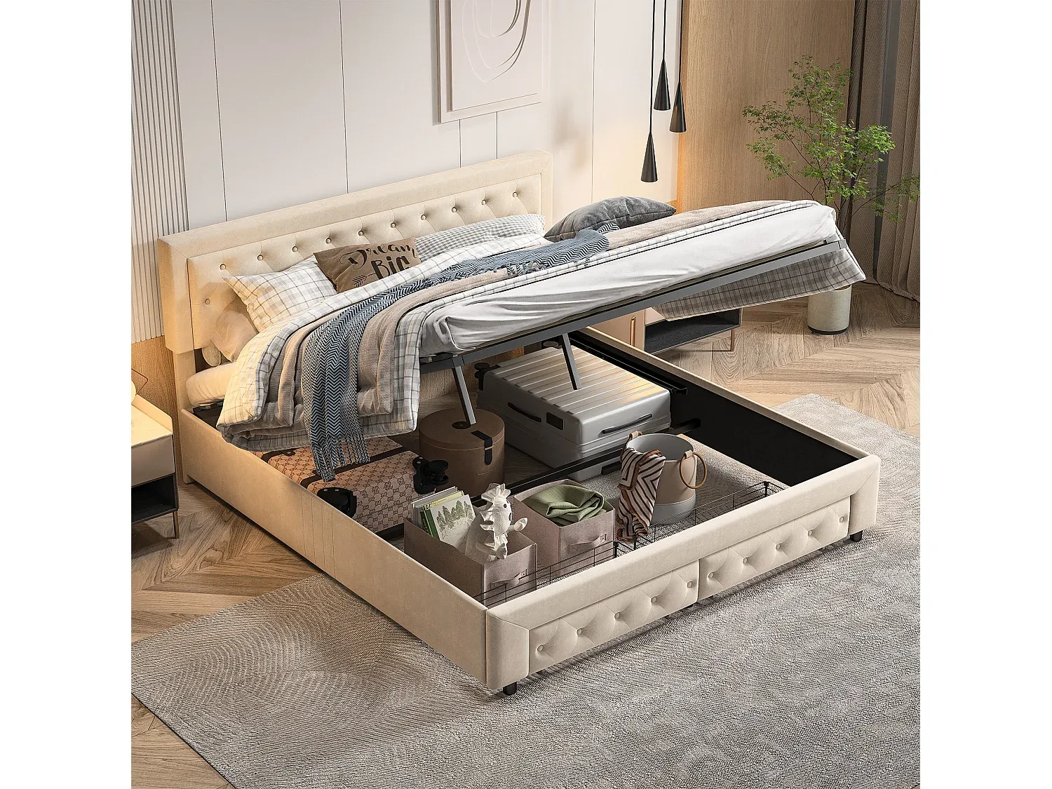 Gepolstertes Doppelbett mit Stauraum und Schubladen, Beige