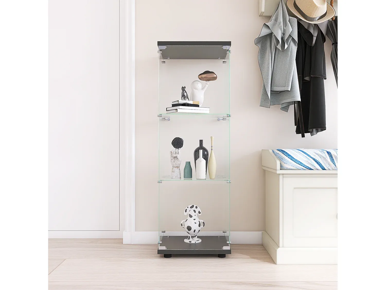 Moderne Holzvitrine mit Schlössern, drei Regalebenen, schwarz