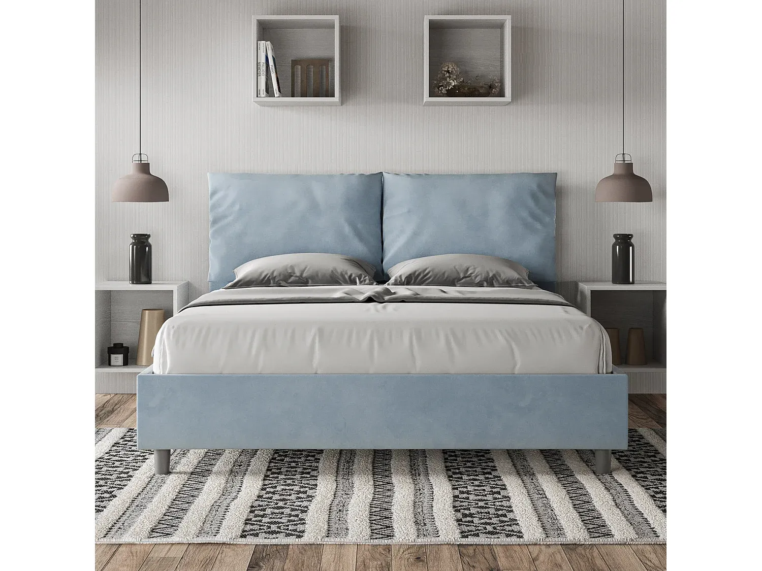 Gepolstertes Bett ohne Lattenrost 160x200 mit Mikrofaserbezug in Blau