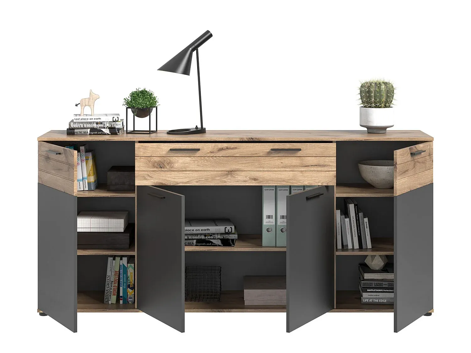 Großes Sideboard mit 4 Türen und 1 Schublade in Eiche Optik
