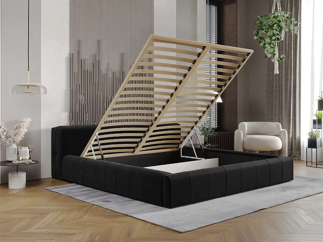 Samt-Polsterbett mit Stauraum 140x200 cm Schwarz