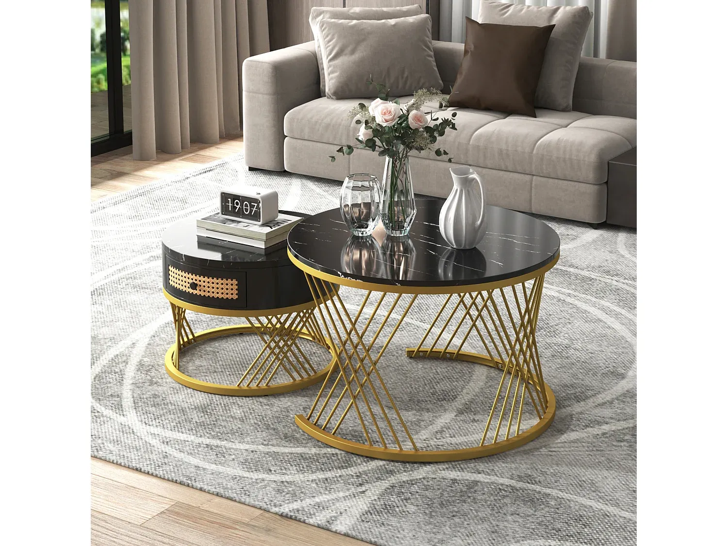 Runder Couchtisch-Set mit Marmorplatte und Rattanschubladen