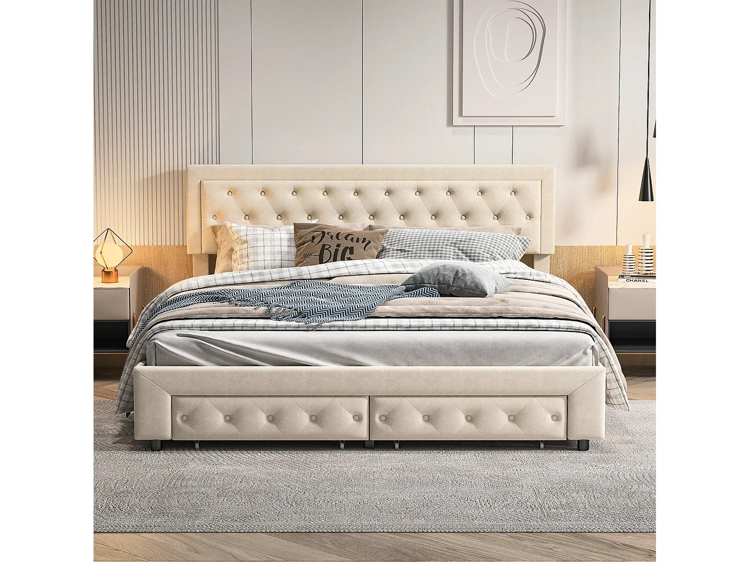 Gepolstertes Doppelbett mit Stauraum und Schubladen, Beige