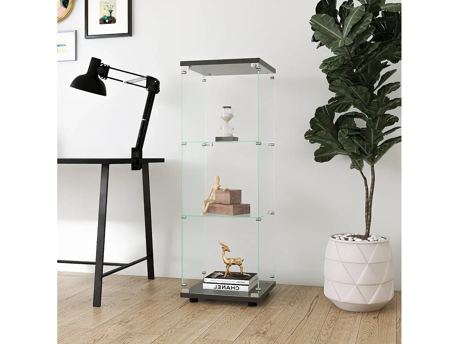 Moderne Holzvitrine mit Schlössern, drei Regalebenen, schwarz