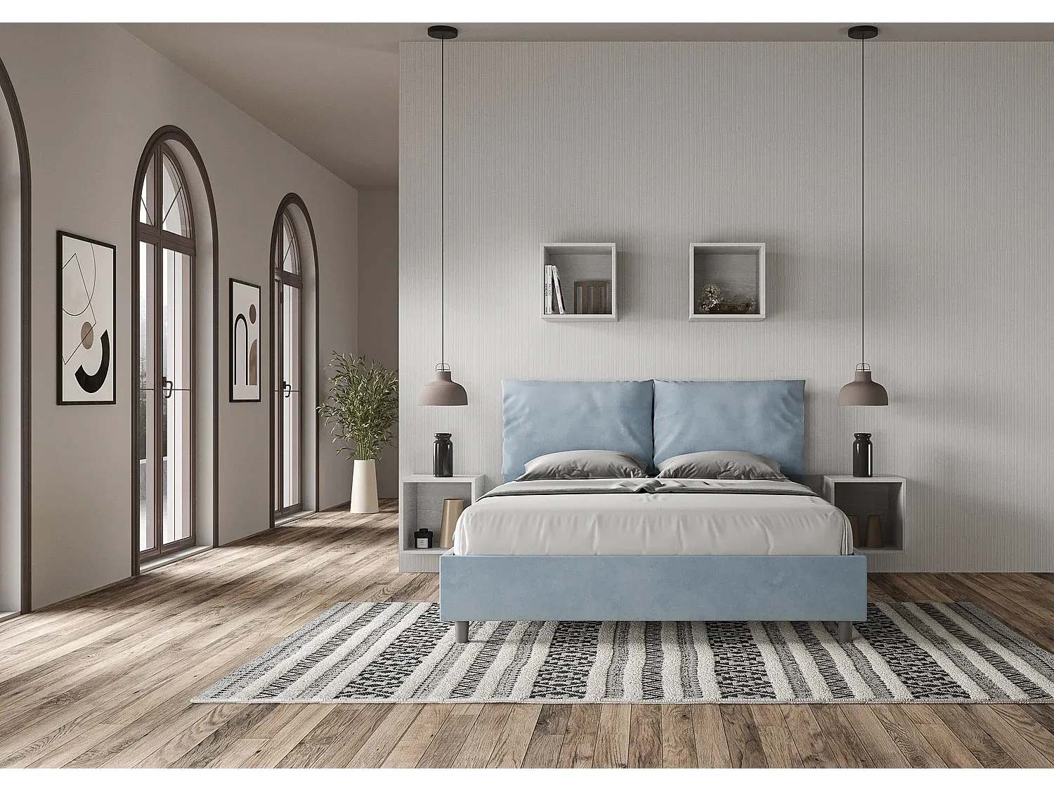 Gepolstertes Bett ohne Lattenrost 160x200 mit Mikrofaserbezug in Blau