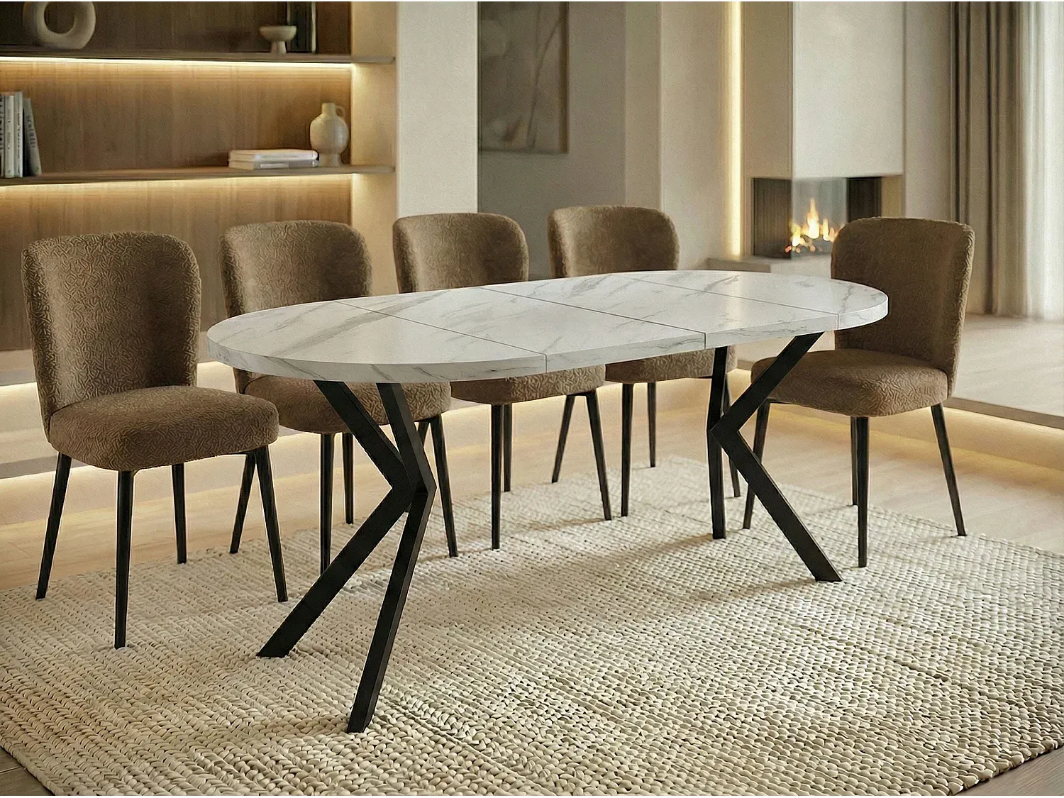 Ausziehbarer Esstisch im Loft-Stil mit Metallbeinen, Anpassbare Größe, Industrieller Look, Weißer Marmor