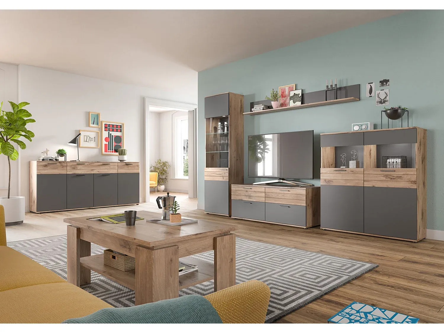 Großes Sideboard mit 4 Türen und 1 Schublade in Eiche Optik