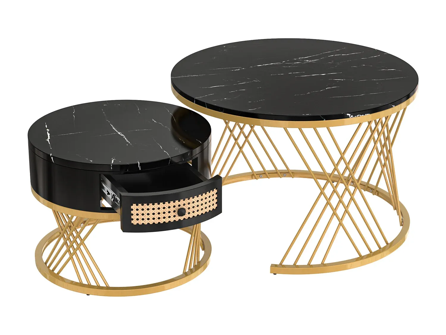 Runder Couchtisch-Set mit Marmorplatte und Rattanschubladen