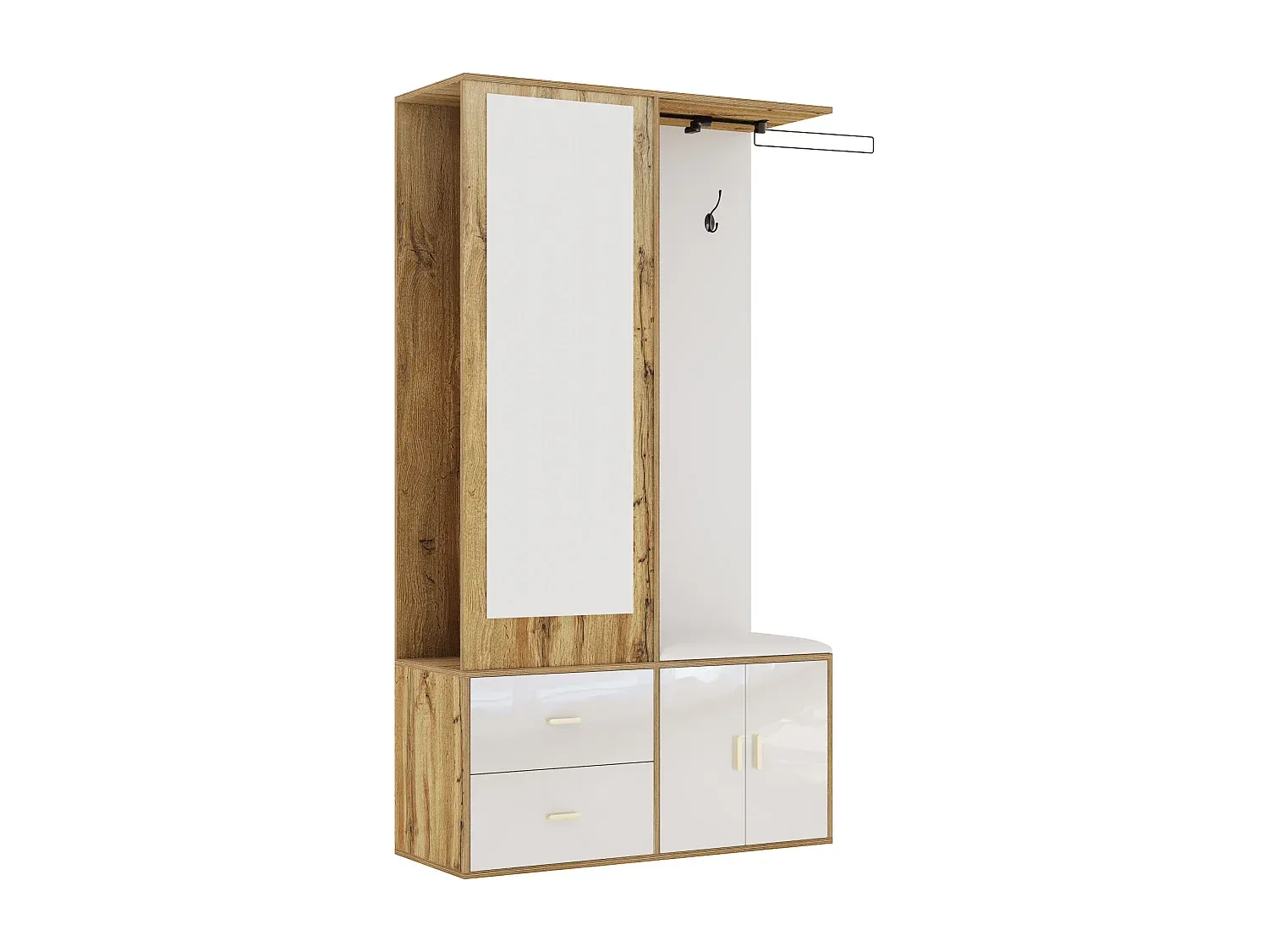Kompakter Kleiderschrank mit Spiegel und Schuhfach, Weiß und Natur