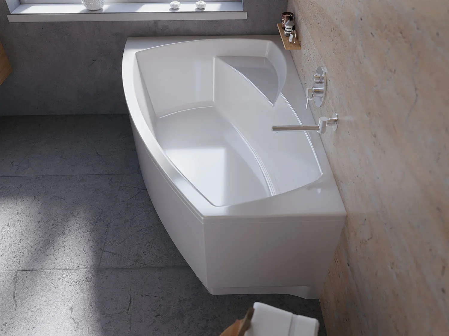Eckbadewanne 140x80 cm mit Schürze, Ablauf und Füßen