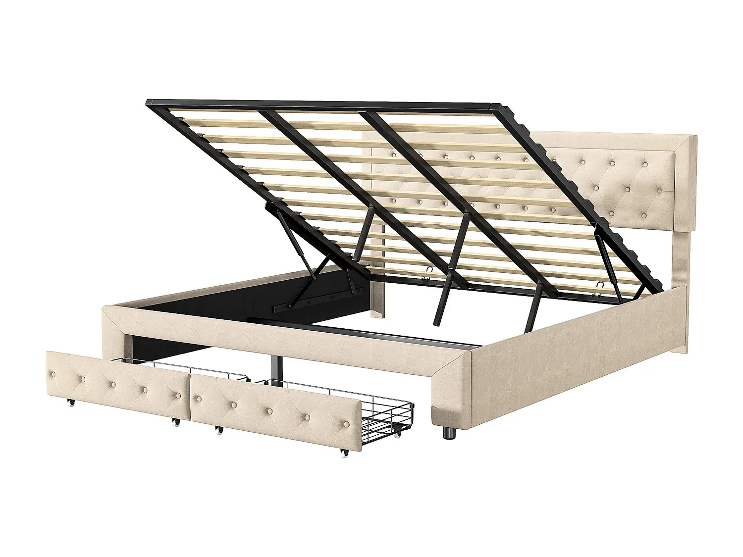 Gepolstertes Doppelbett mit Stauraum und Schubladen, Beige