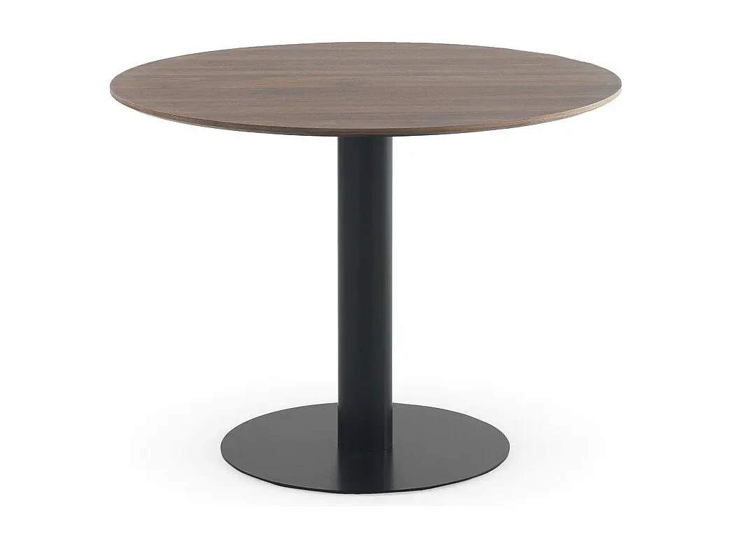 Runder Esstisch aus Nussbaum mit schwarzem Metallfuß
