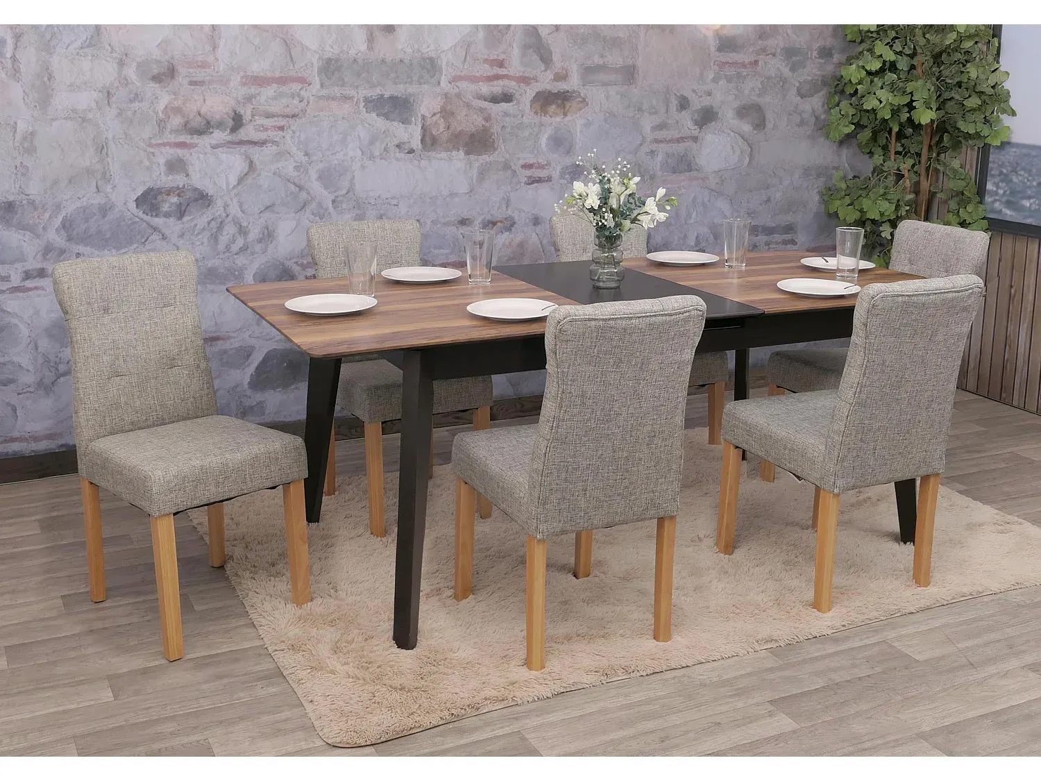 Moderner Esszimmerstuhl im 6er-Set, grauer Stoff mit hellen Beinen