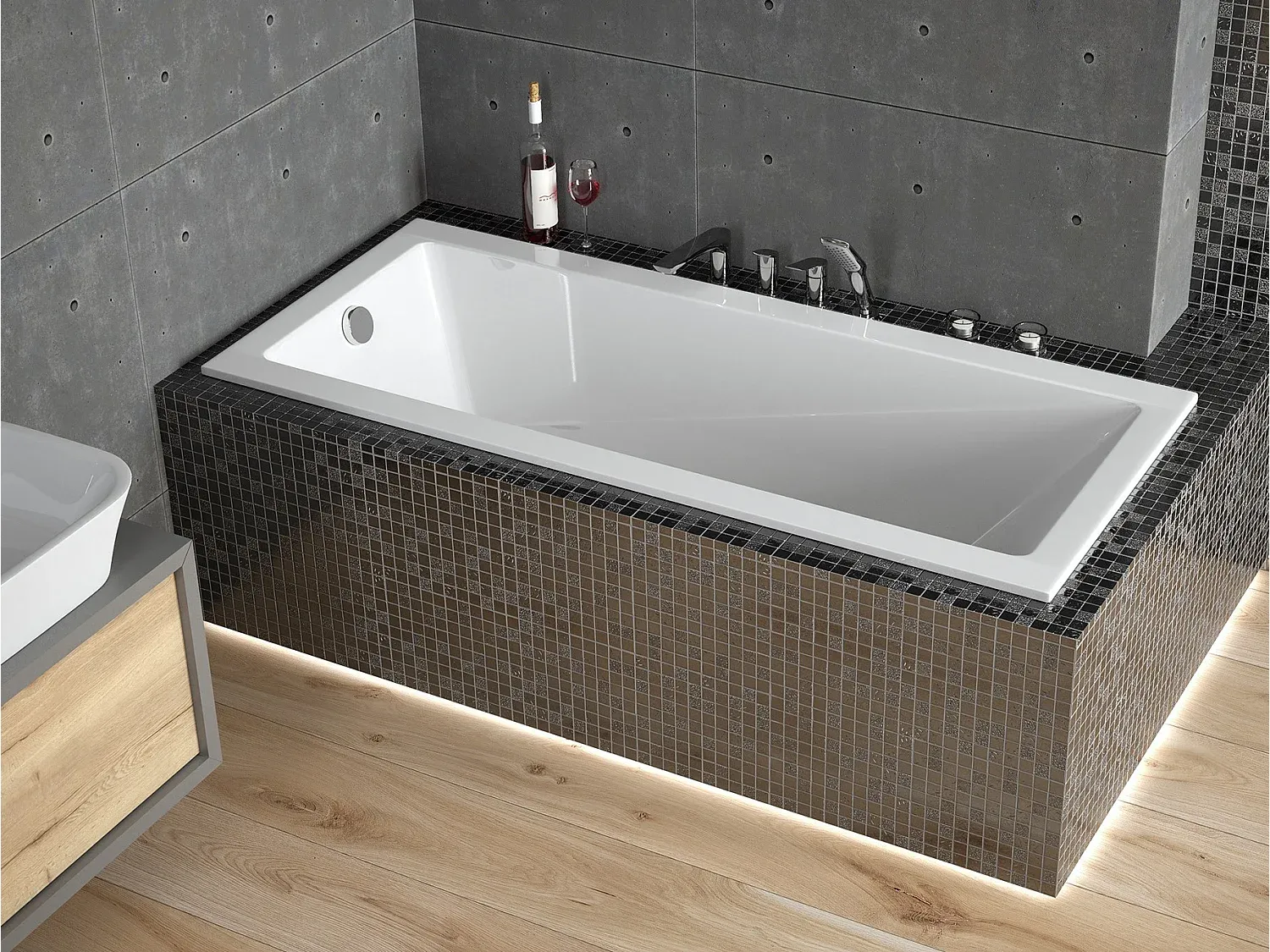 Rechteckige Badewanne 170x70 mit Styroporverkleidung, Ablauf und Füße