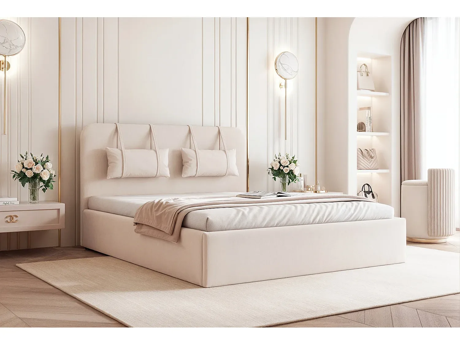 Holzbett 120x200 mit Stauraum und abnehmbaren Kissen, inklusive Lattenrost, cremefarben