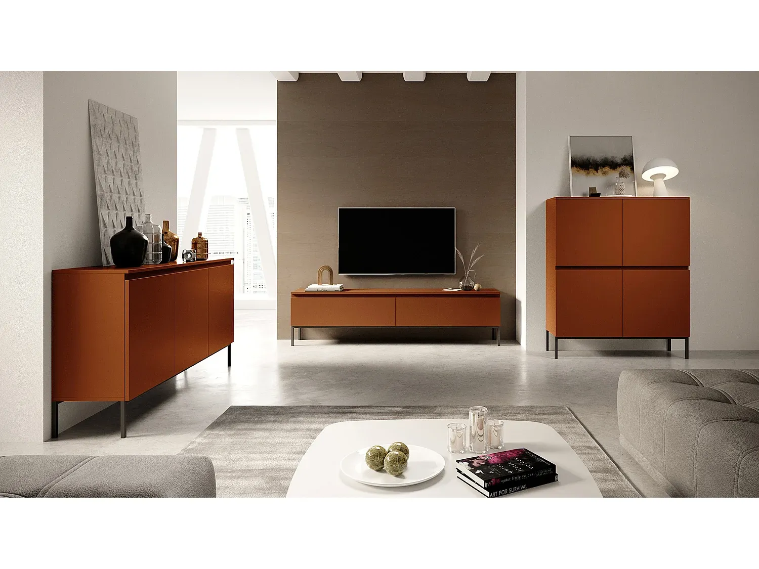 Moderner TV-Schrank 175 cm, Ziegelrot, Metallbeine