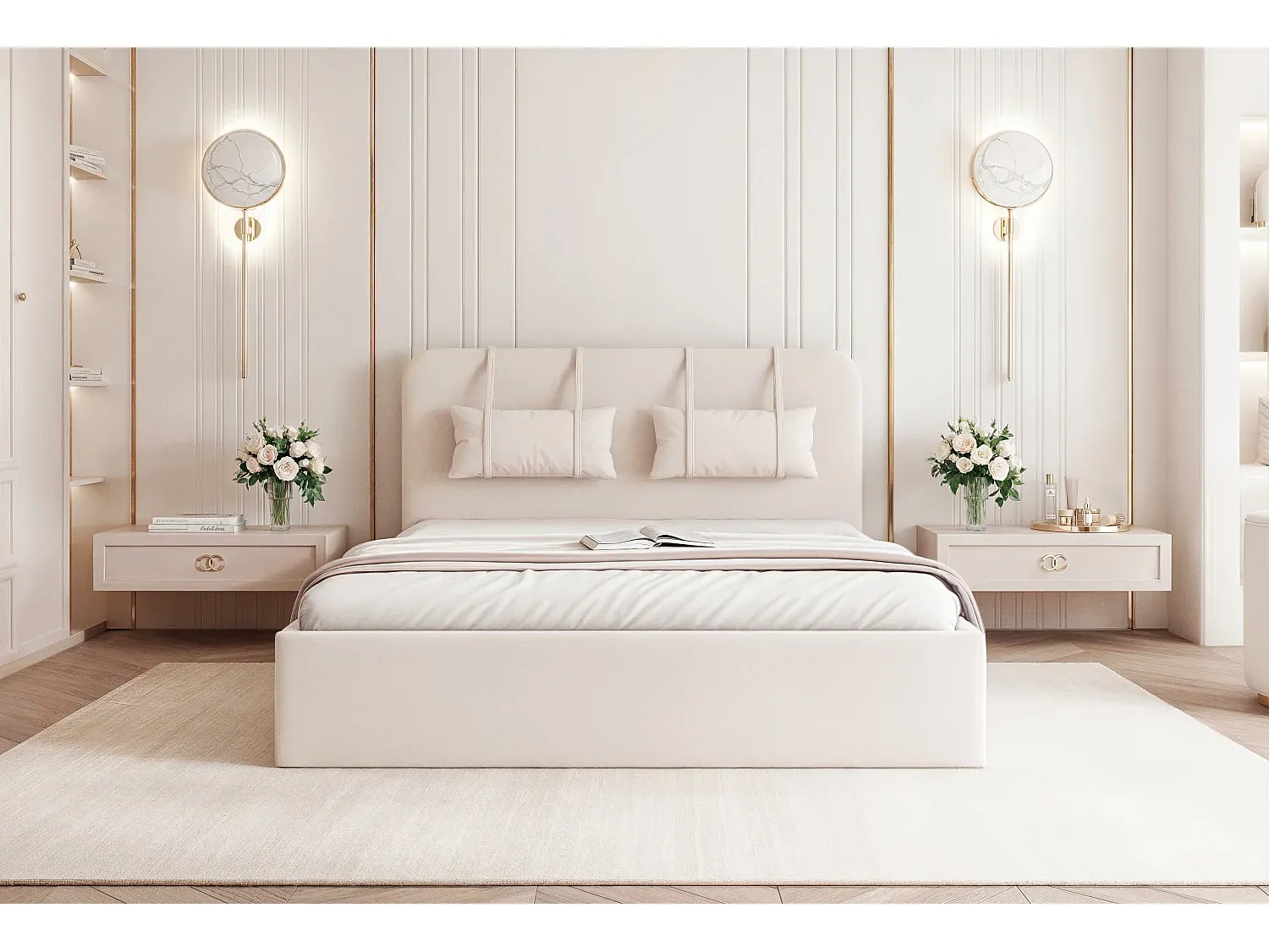 Holzbett 120x200 mit Stauraum und abnehmbaren Kissen, inklusive Lattenrost, cremefarben