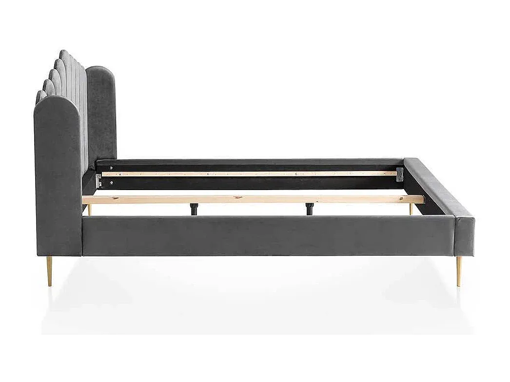 Elegantes Samtbett in Grau mit Metallrahmen