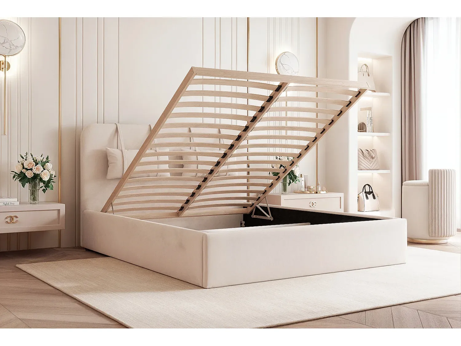 Holzbett 120x200 mit Stauraum und abnehmbaren Kissen, inklusive Lattenrost, cremefarben