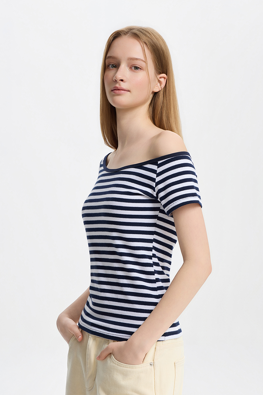 Striped Off-Shoulder Tee|yescci