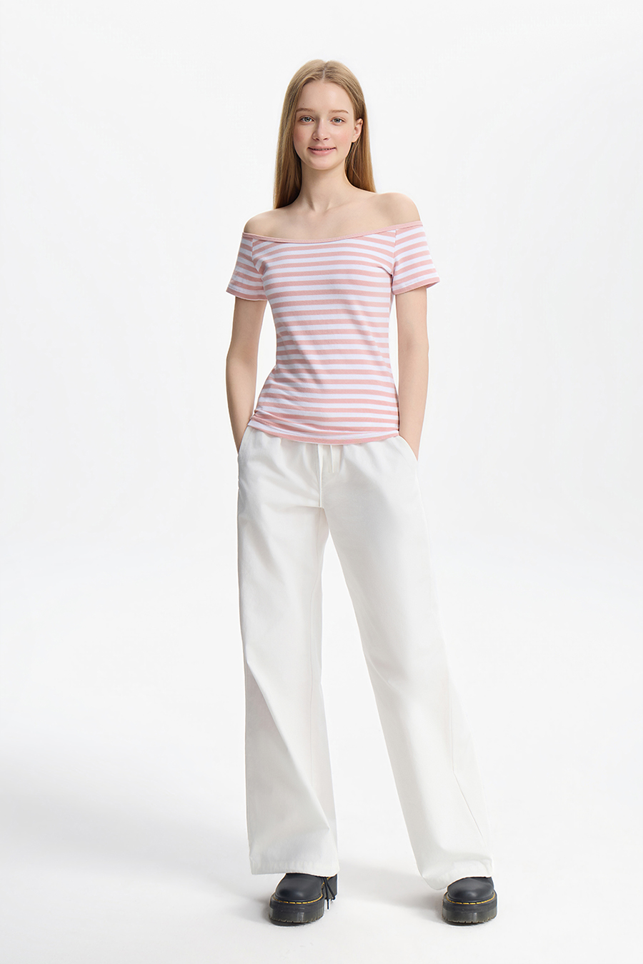 Striped Off-Shoulder Tee|yescci
