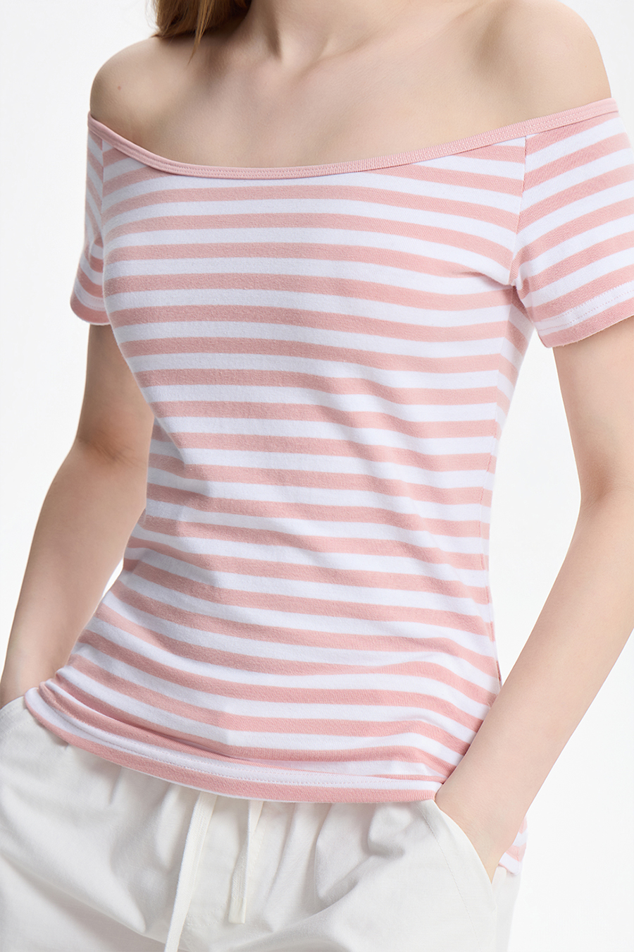 Striped Off-Shoulder Tee|yescci