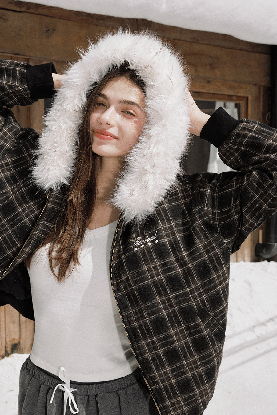 Checkered Fur Collar Hoodie|yescci-YESCCI.com
