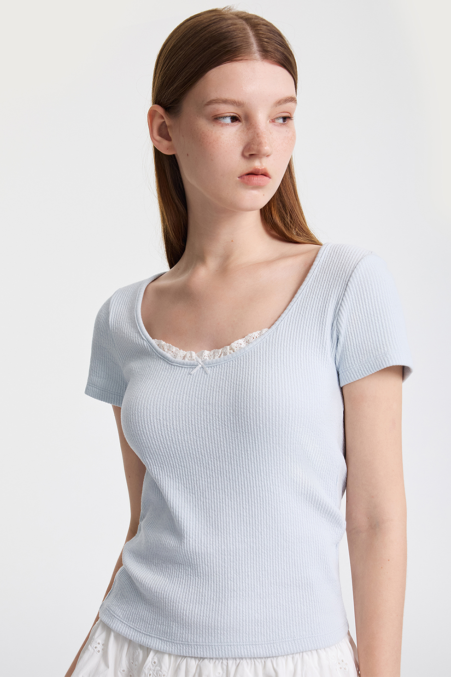 Sweet Lace Trim Ribbed T-Shirt|yescci