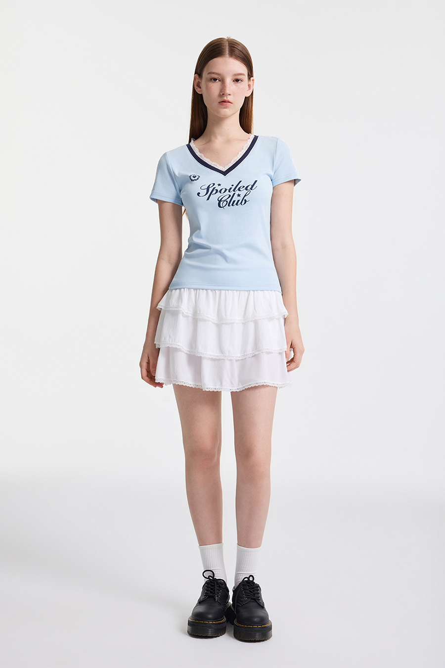 Elastic Waist Lace Trim Tiered Skirt|yescci