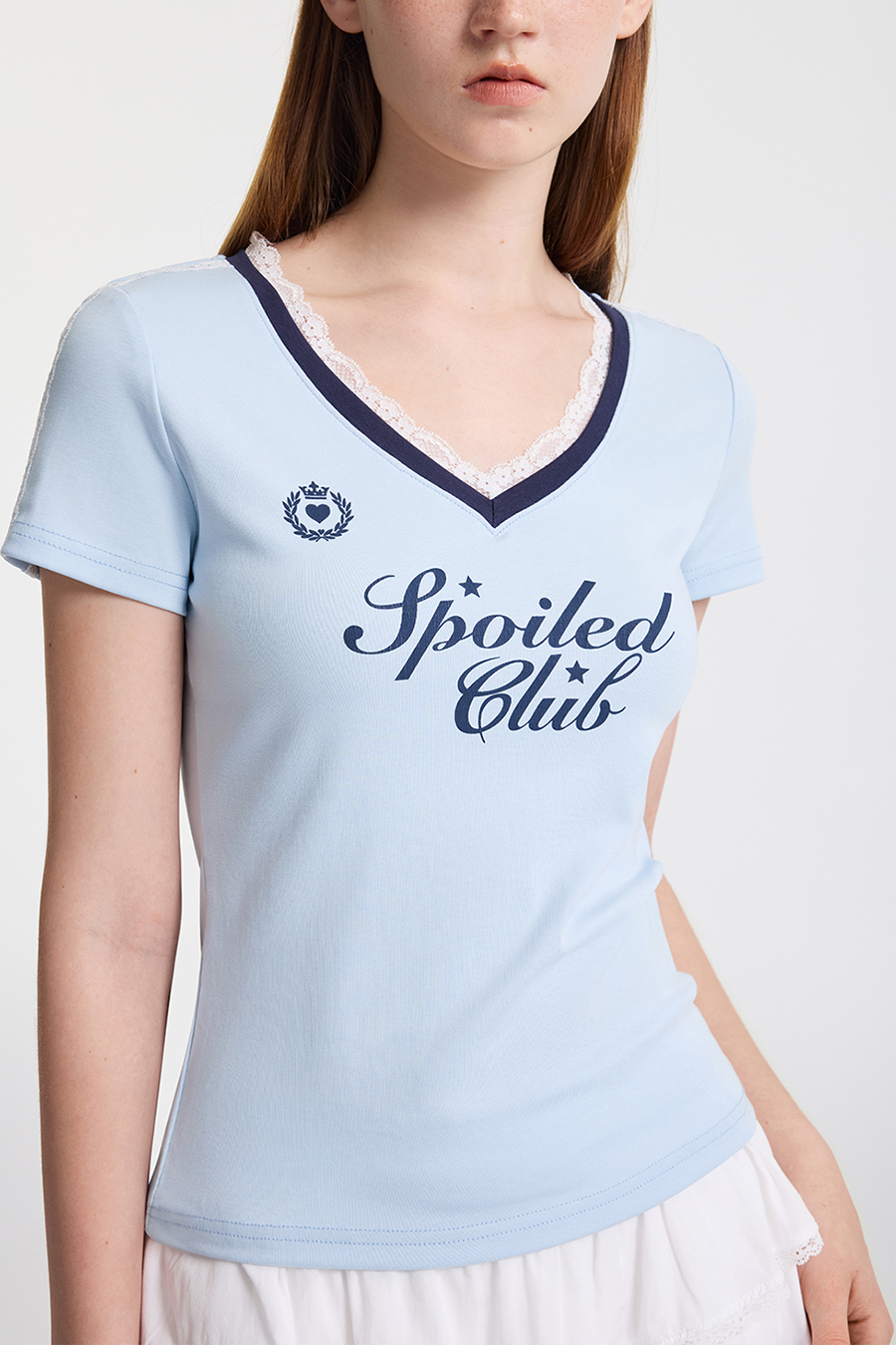 Lace Trim V-Neck Letter Print Tee|yescci-YESCCI.com