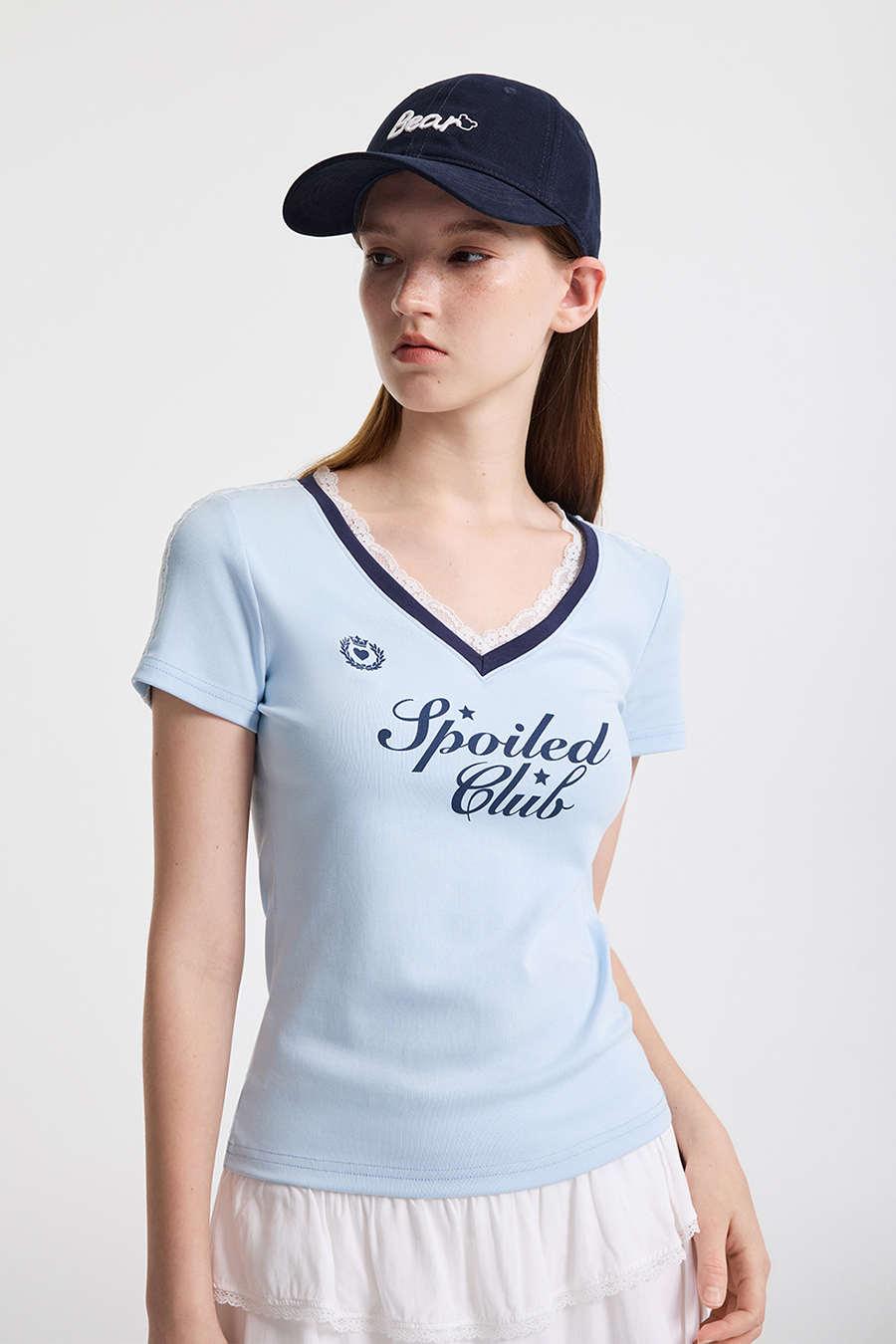 Lace Trim V-Neck Letter Print Tee|yescci-YESCCI.com