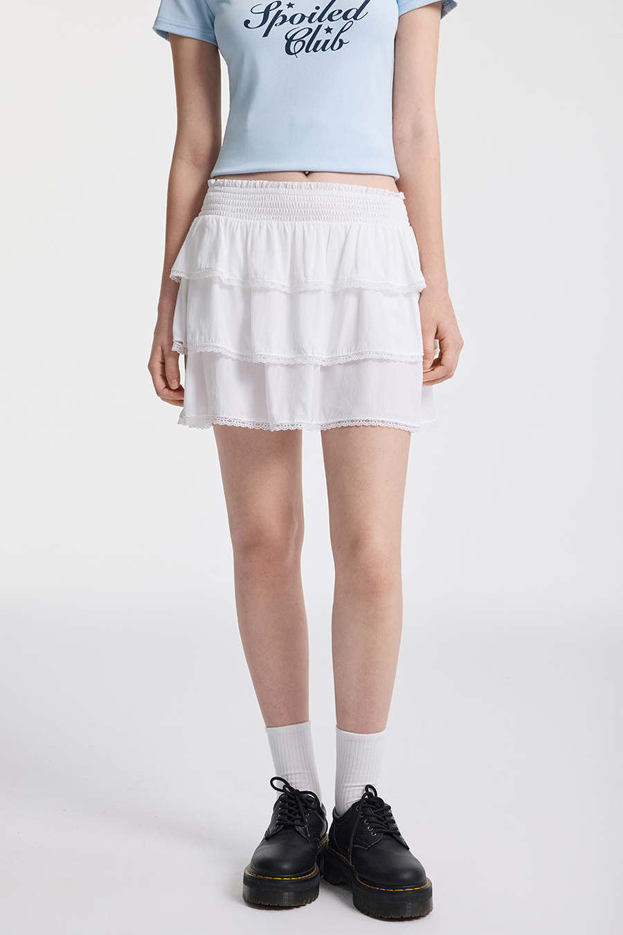 Elastic Waist Lace Trim Tiered Skirt|yescci