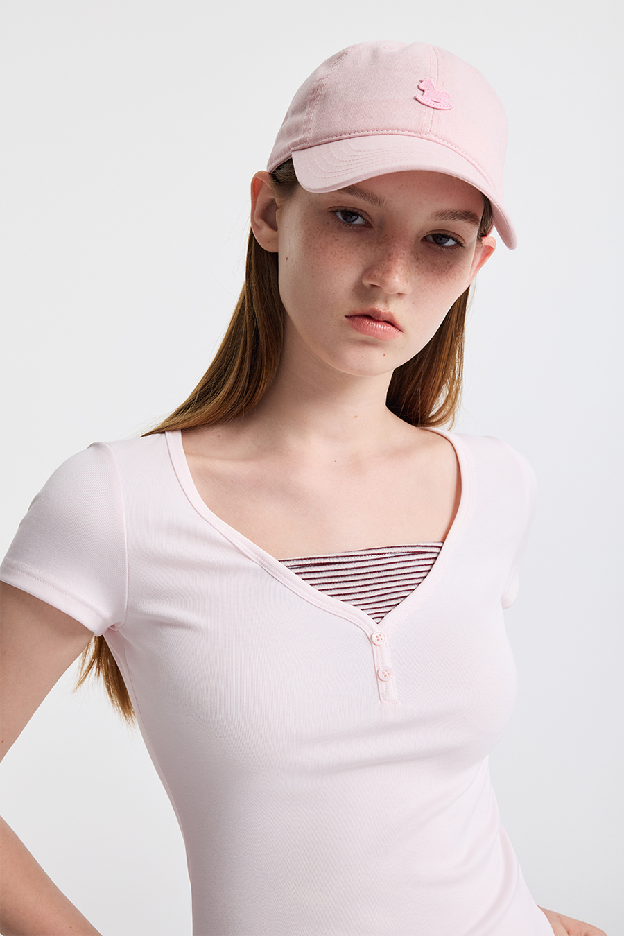 Fitted Striped Panel V-Neck Tee|yescci-YESCCI.com