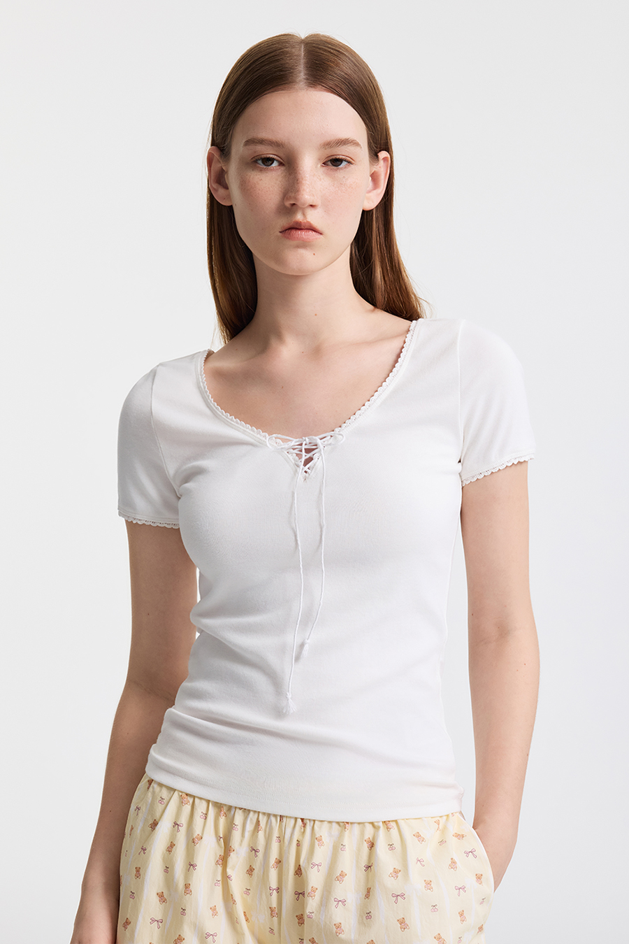 V-Neck Lace Shirt|yescci