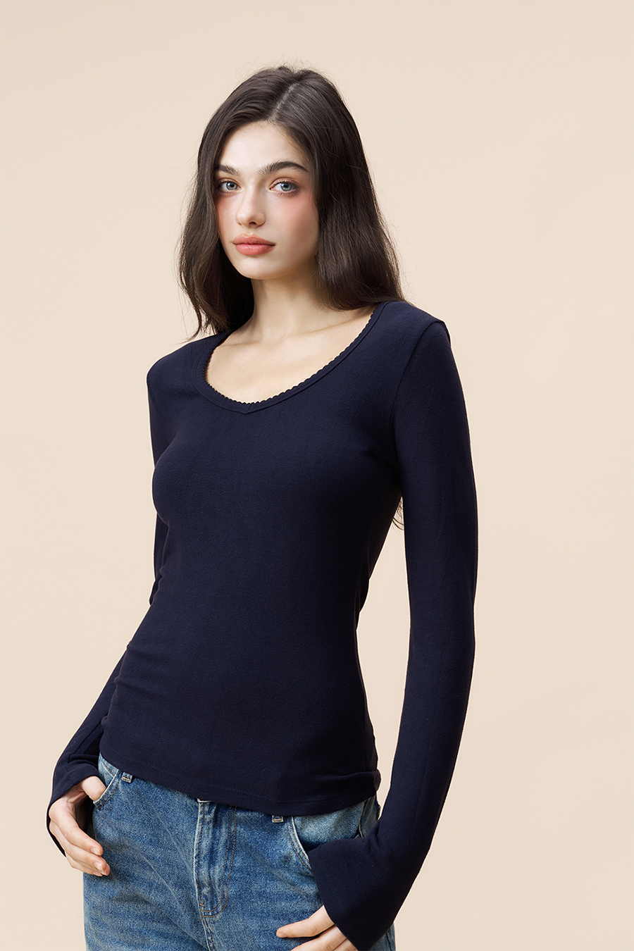 V-Neck Long Sleeve Top|yescci-YESCCI.com