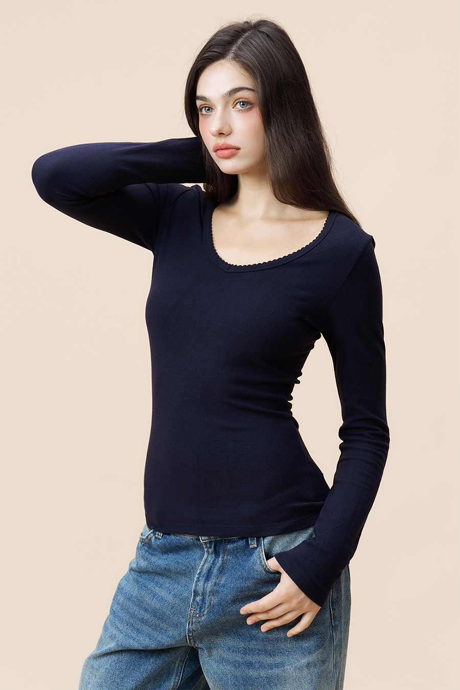 V-Neck Long Sleeve Top|yescci-YESCCI.com