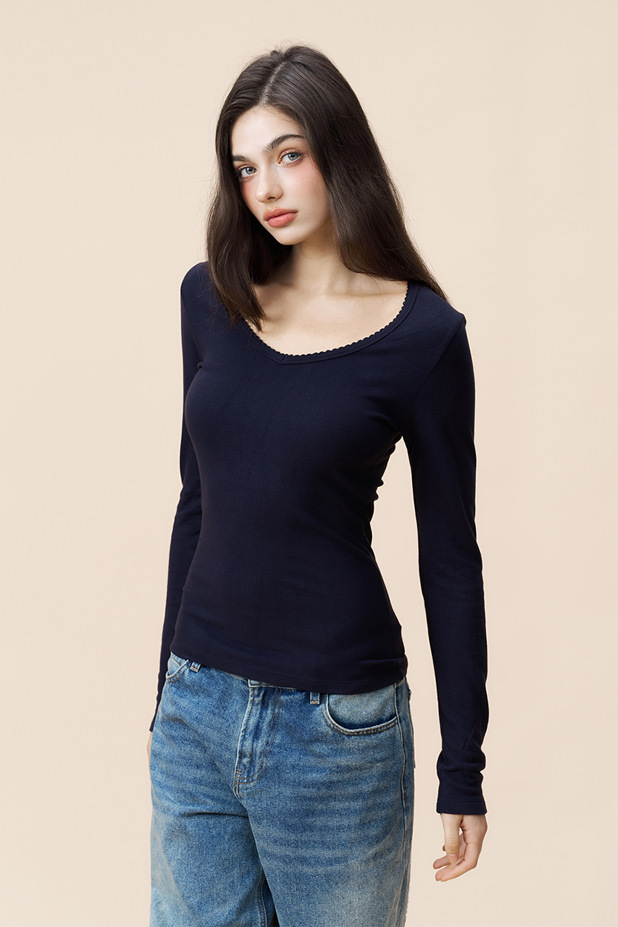 V-Neck Long Sleeve Top|yescci-YESCCI.com