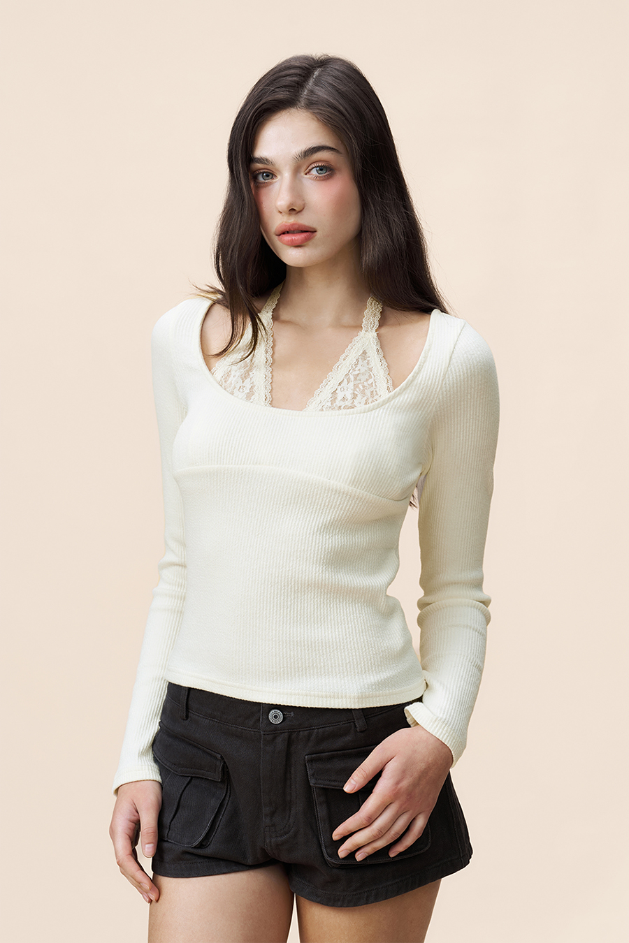 U-Neck Long Sleeve Top|yescci-YESCCI.com