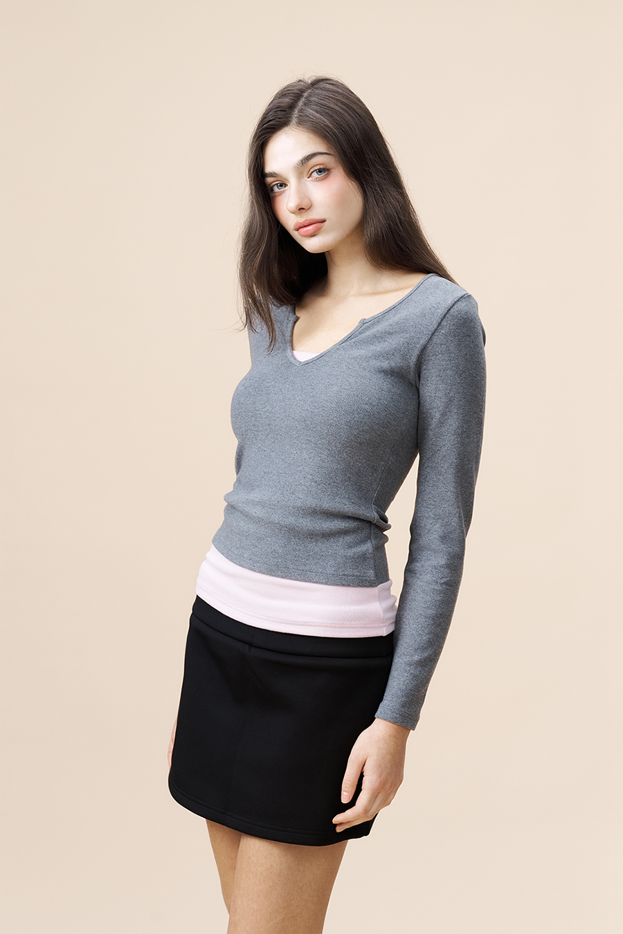 Layered V-Neck Long Sleeve Top|yescci-YESCCI.com