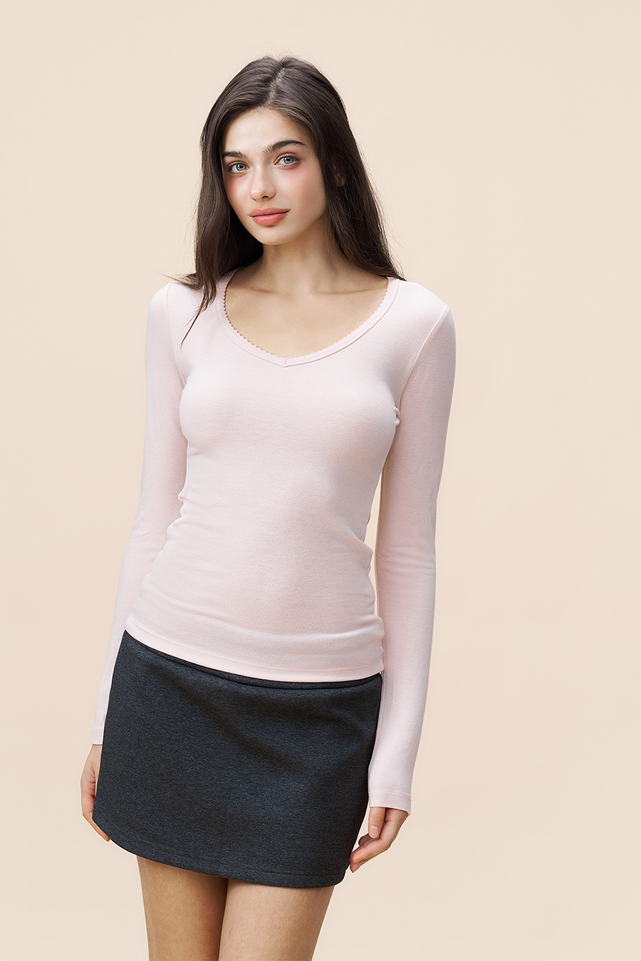 V-Neck Long Sleeve Top|yescci-YESCCI.com