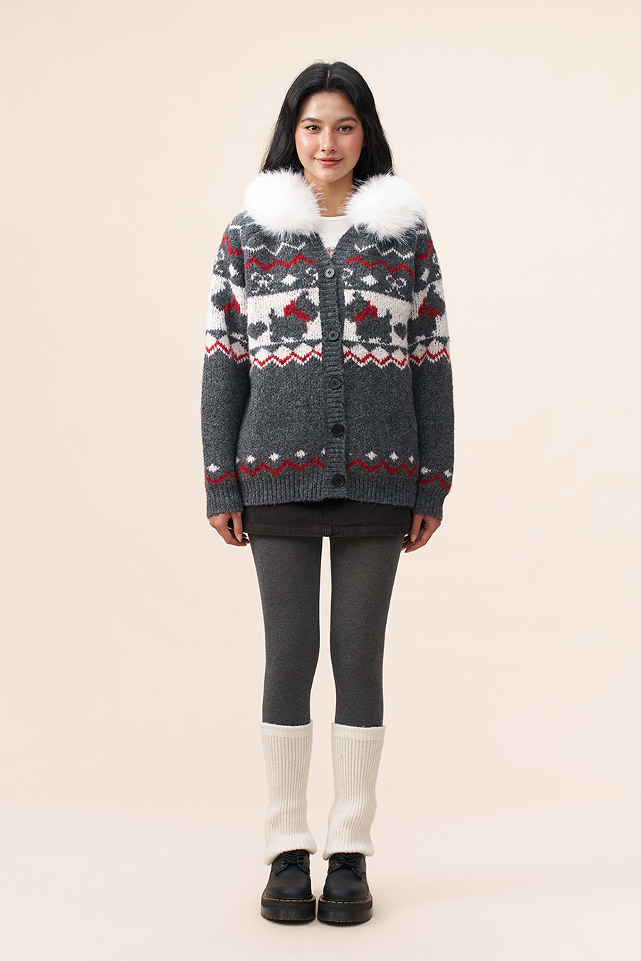Fur Hood Fair Isle Knit Cardigan|yescci-YESCCI.com