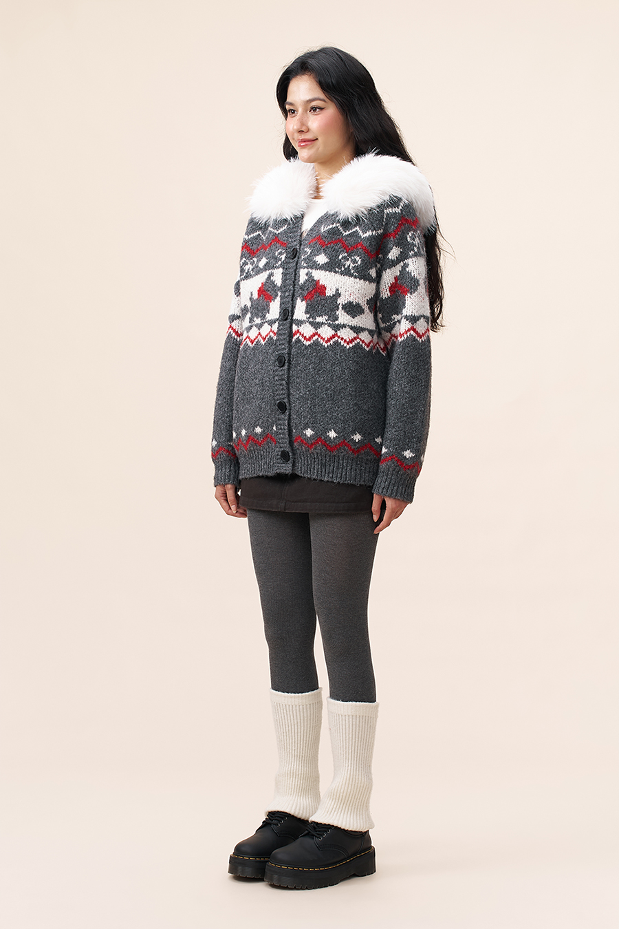 Fur Hood Fair Isle Knit Cardigan|yescci-YESCCI.com