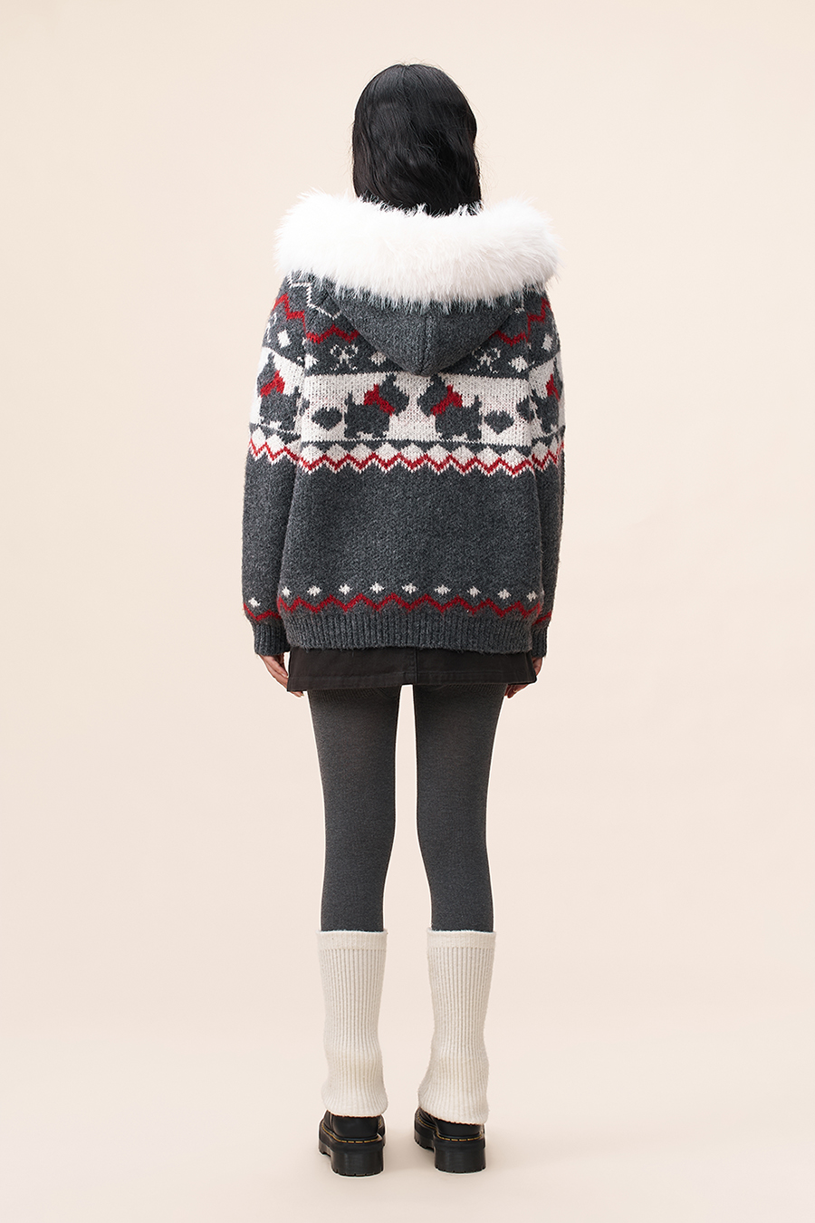 Fur Hood Fair Isle Knit Cardigan|yescci-YESCCI.com