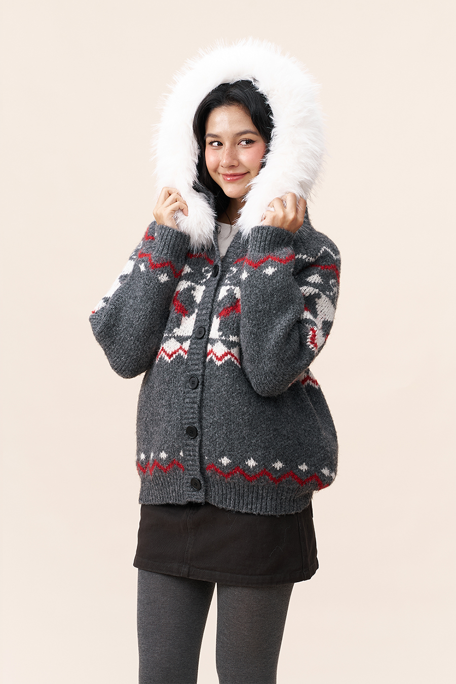 Fur Hood Fair Isle Knit Cardigan|yescci-YESCCI.com