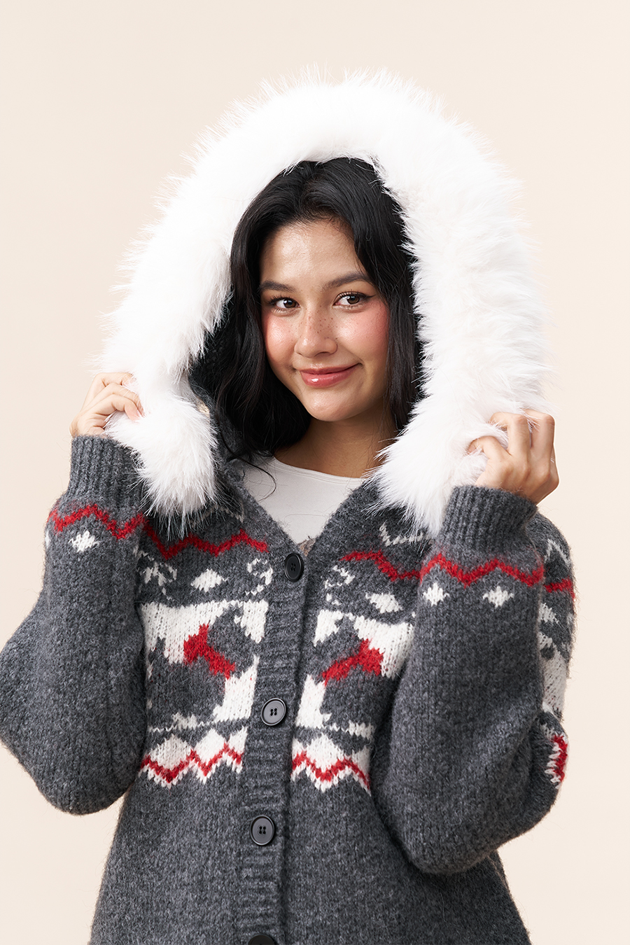 Fur Hood Fair Isle Knit Cardigan|yescci-YESCCI.com