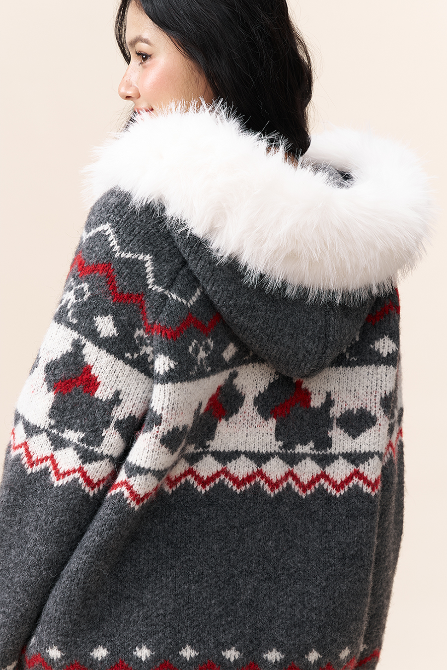 Fur Hood Fair Isle Knit Cardigan|yescci-YESCCI.com