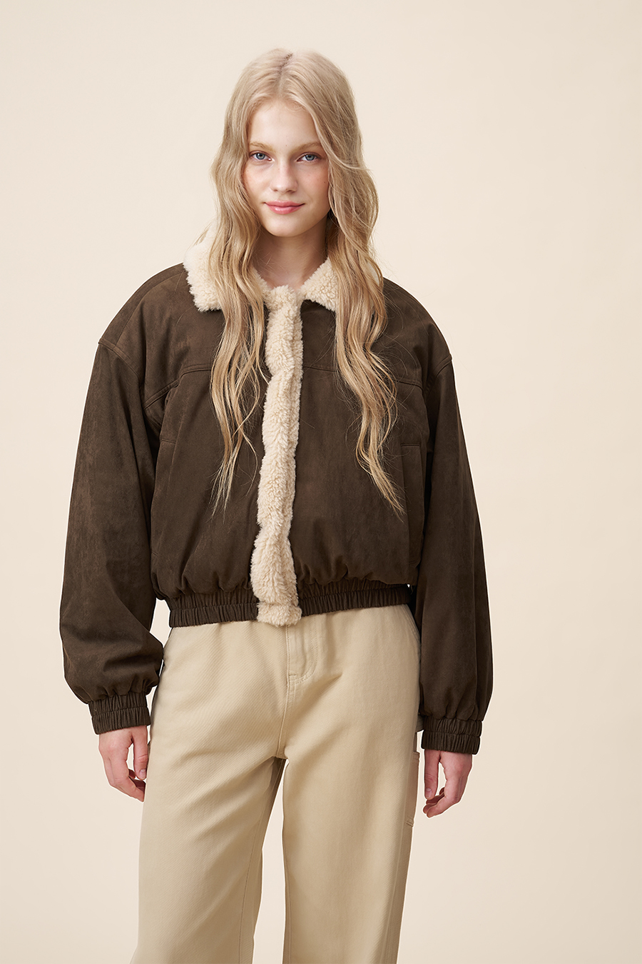 Shearling Trim Suede Jacket|yescci-YESCCI.com