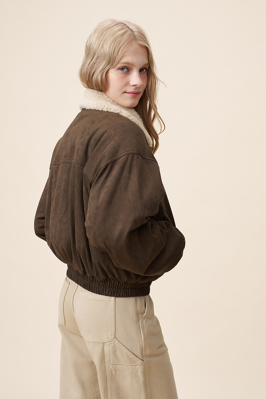 Shearling Trim Suede Jacket|yescci-YESCCI.com